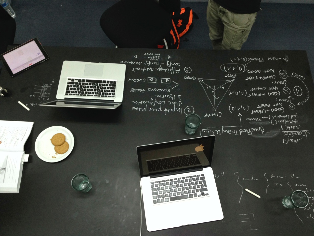 The group working on different projects, with laptops, papers and cookies, on a chalkboard table. Photo © Enrique Pardo